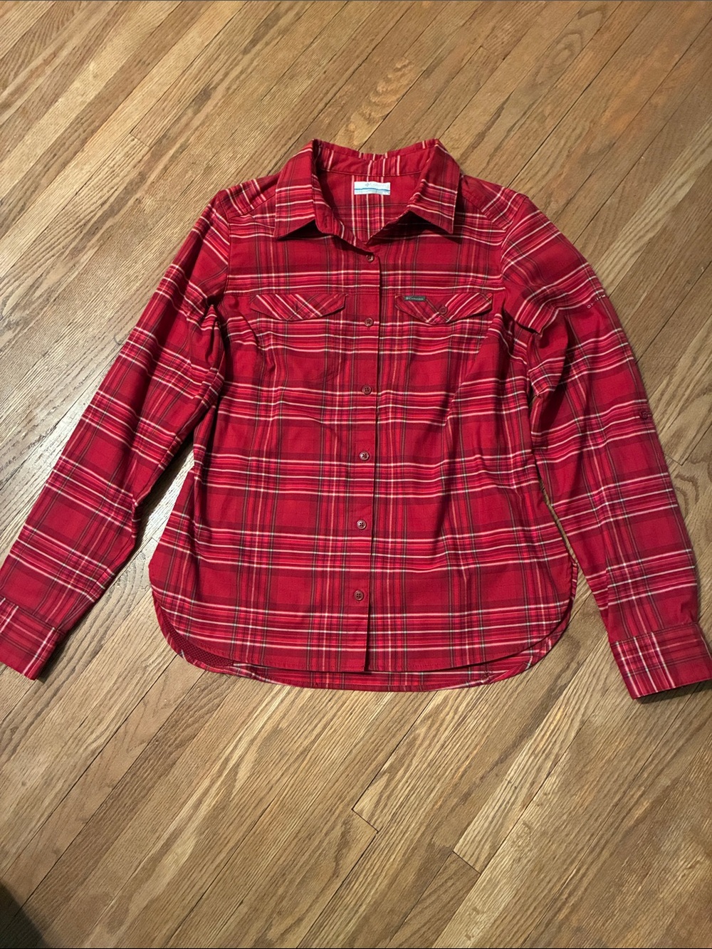 Columbia Red Plaid Button-Down Shirt with Hidden Pocket